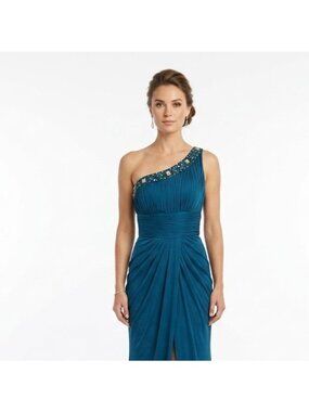 Vtg Xscape Joanna Chen One Shoulder Dress Formal Party Women Size 4 Blue FLAW